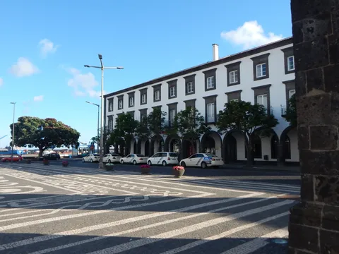A row of taxis parked at the rank on Praça Gonçalo Velho Cabral in central Ponta Delgada