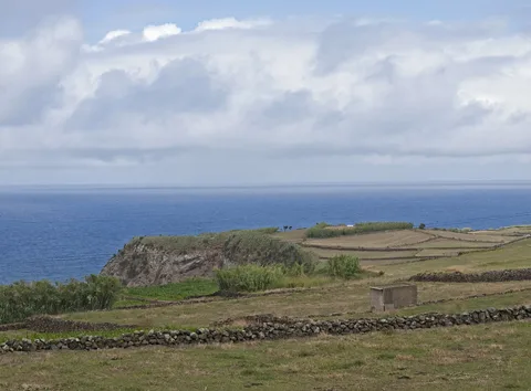 Grüne Felder oberhalb der Küste von Agualva auf Terceira.