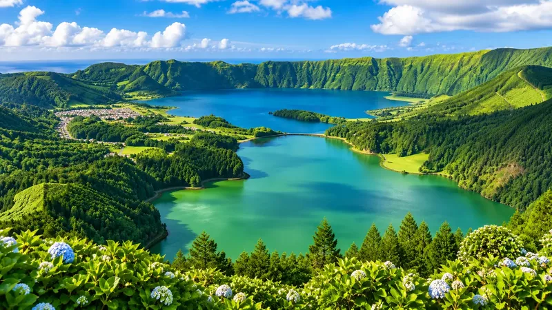 The blue and green lakes of Sete Cidades inside their crater