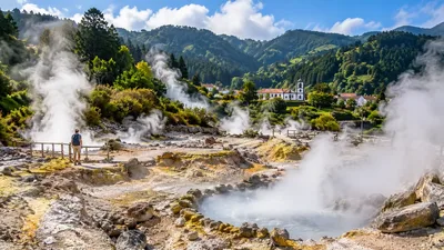 Steam rising from the Furnas fumaroles