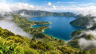 Lagoa do Fogo crater lake under the clouds