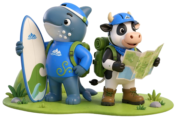 Doazores mascot cow with helmet and backpack